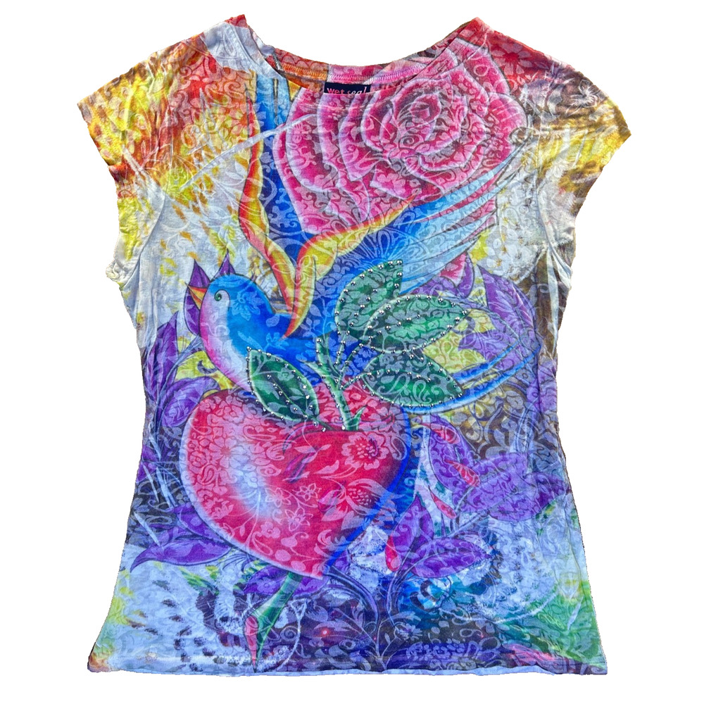Vintage Wet Seal Women’s T-Shirt XL Colorful Bird Heart Rhinestone Short Sleeve